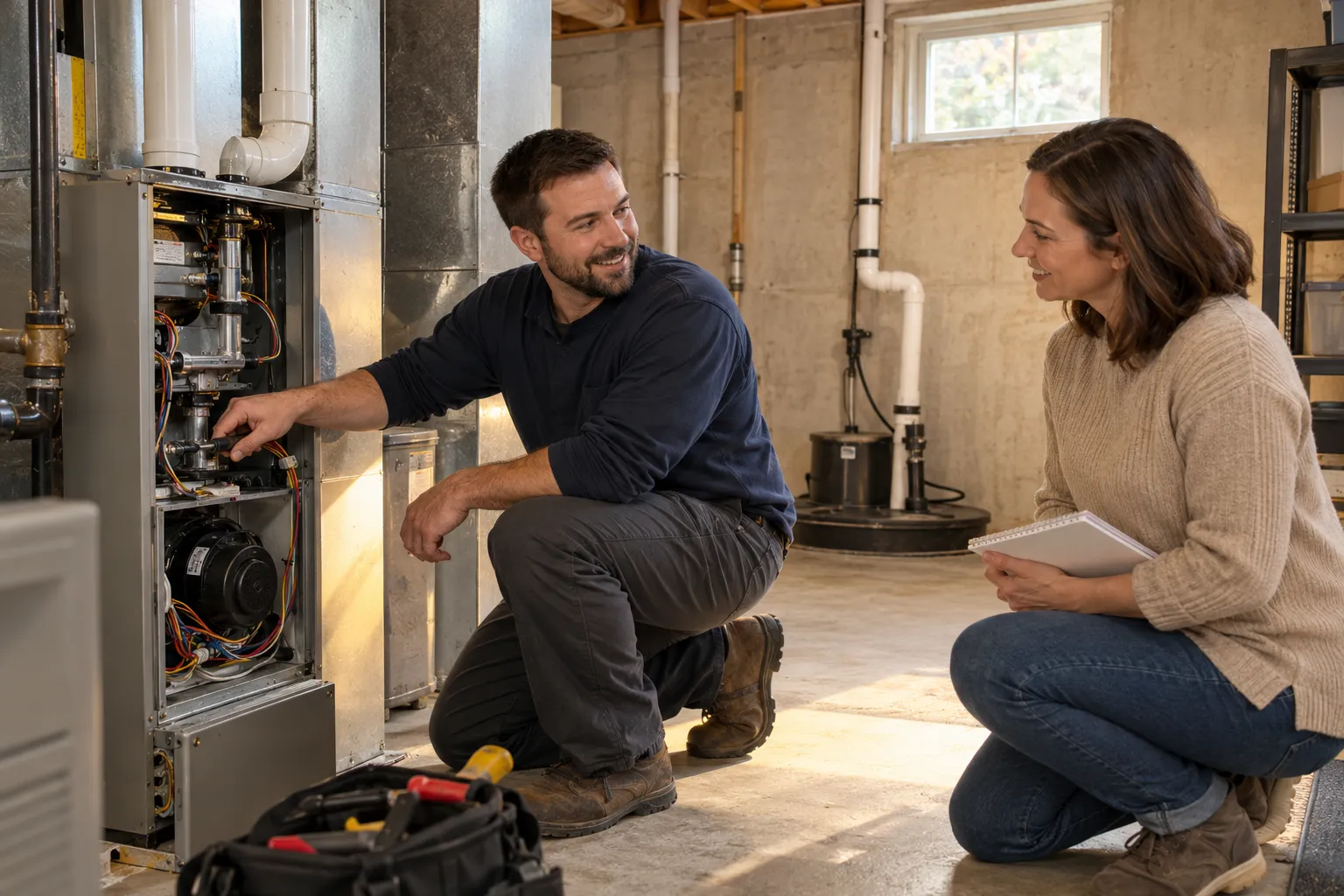 A friendly local provider checking a gas furnace in a Des Moines home basement