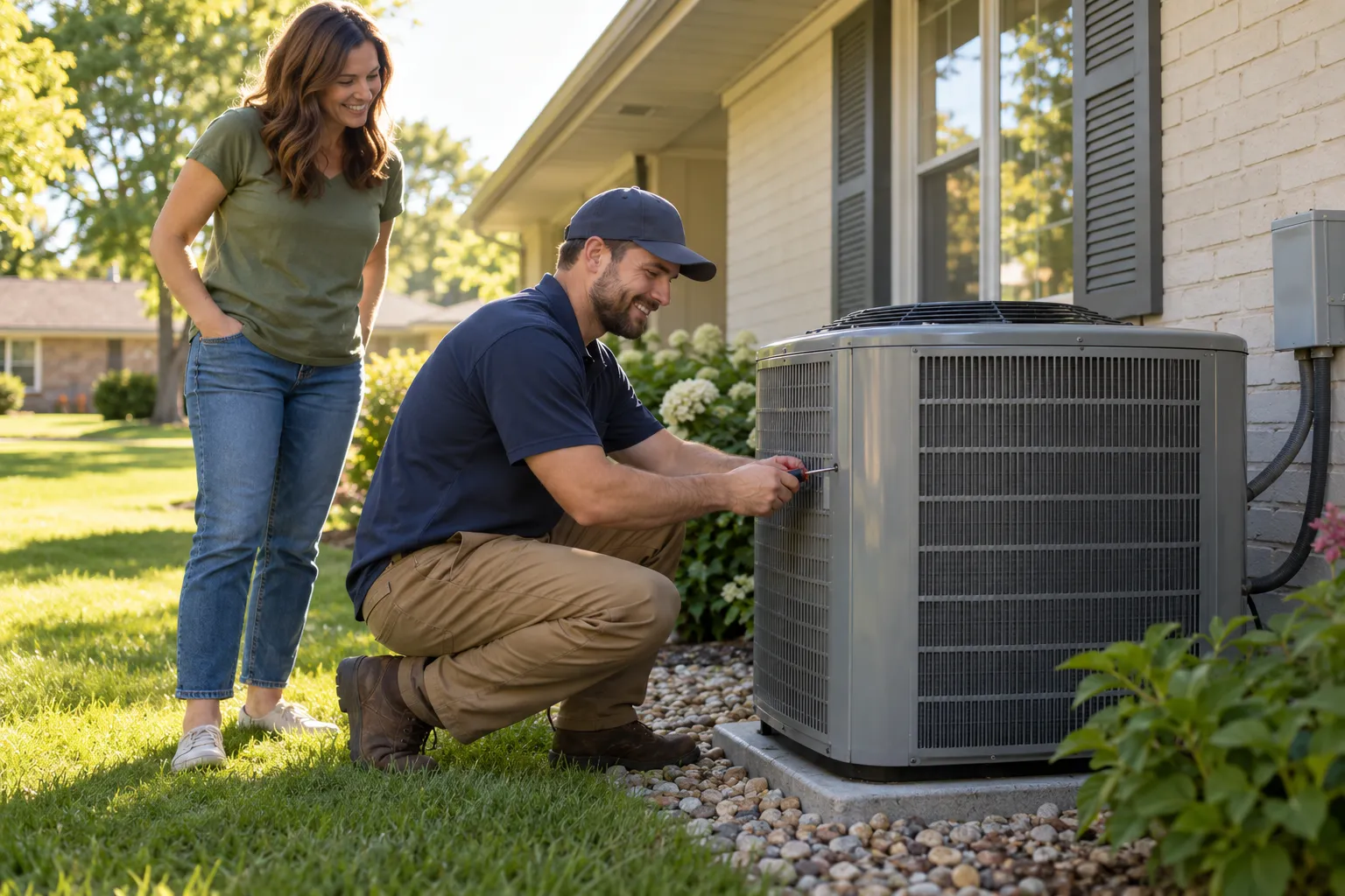 A friendly HVAC provider checking a home air conditioner outside a house in Des Moines